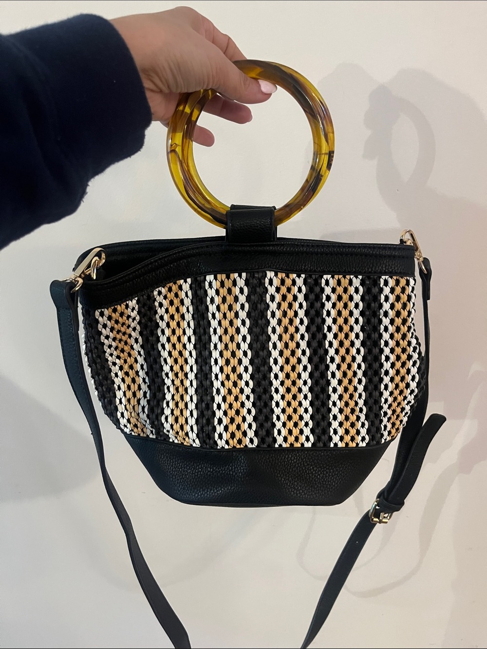 Shiraleah Black Woven Stripe Crossbody with Amber Ring Handle